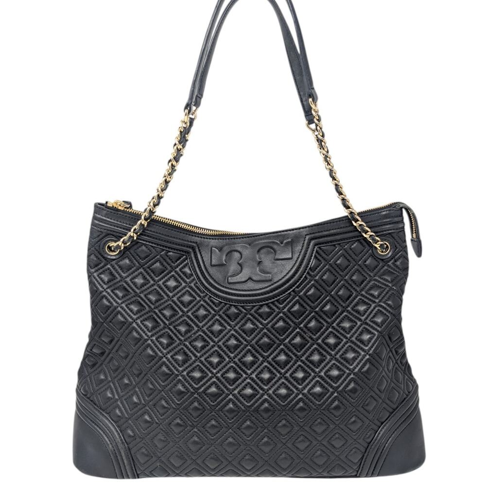 Tory Burch Fleming‎ Black Leather Shoulder Bag Quilted Chain Top Zip